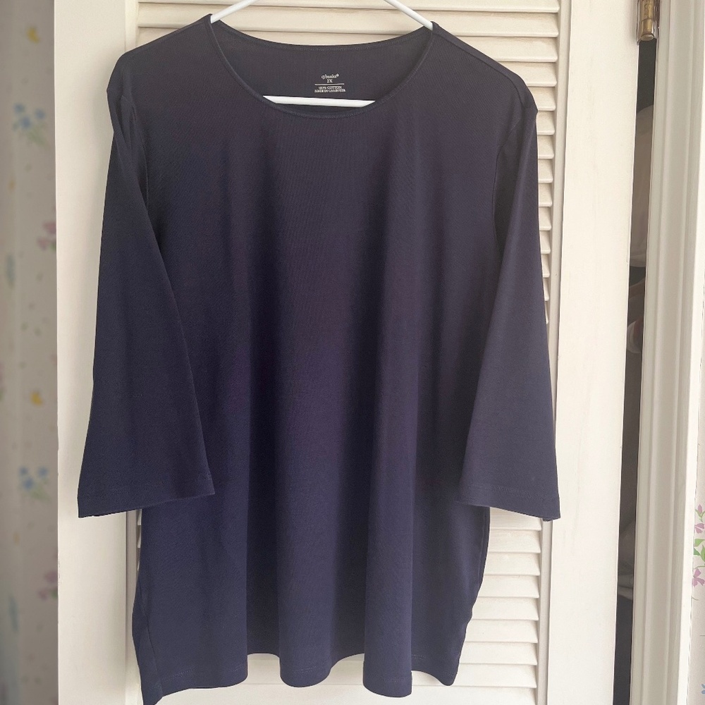CJ Banks Navy Blue All-Cotton Satin Neck Tee 2X